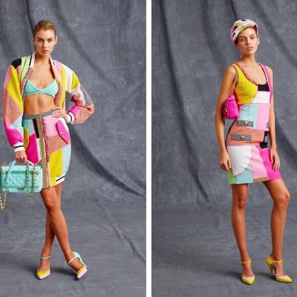 MOSCHINO COUTURE PATCHWORK TWEED DRESS DEADSTOCK *GIGI HADID* USA 10 IT44 - Picture 2 of 10